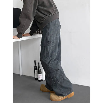 Riolio Cargo jeans mens Spring Men Baggy Jeans Men Wide Leg Pants Big Pockets Streetwear Trousers Male Loose Denim Pants